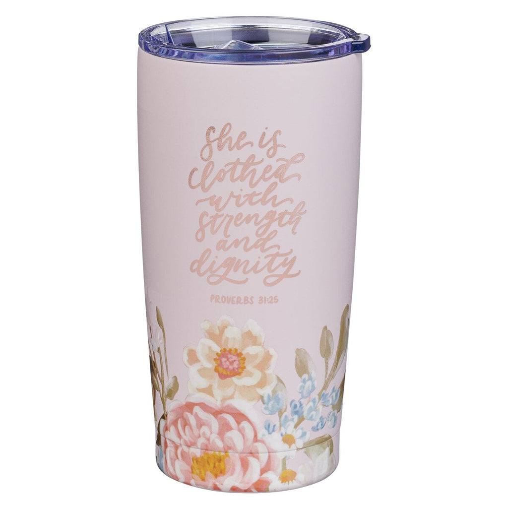 Tumbler with floral design and motivational quote on a white background