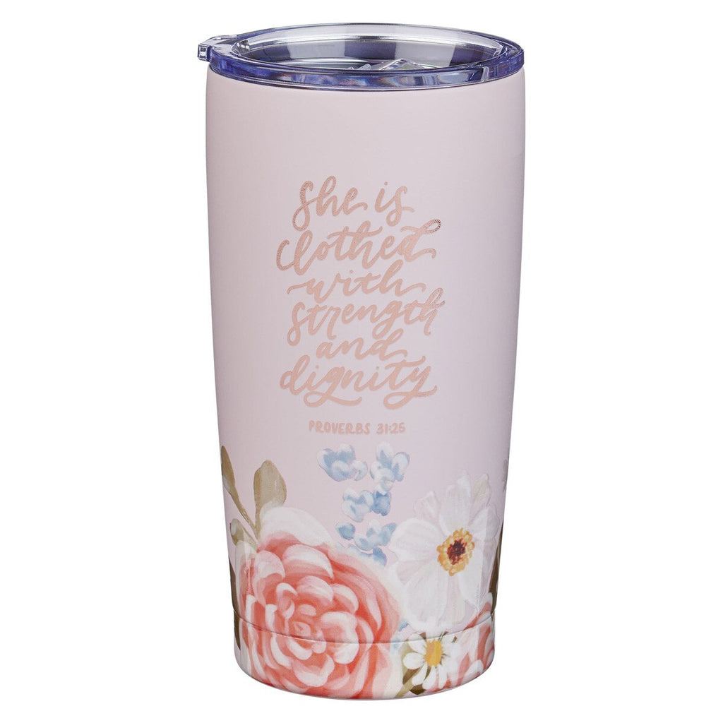 Tumbler with floral design and motivational quote on a white background