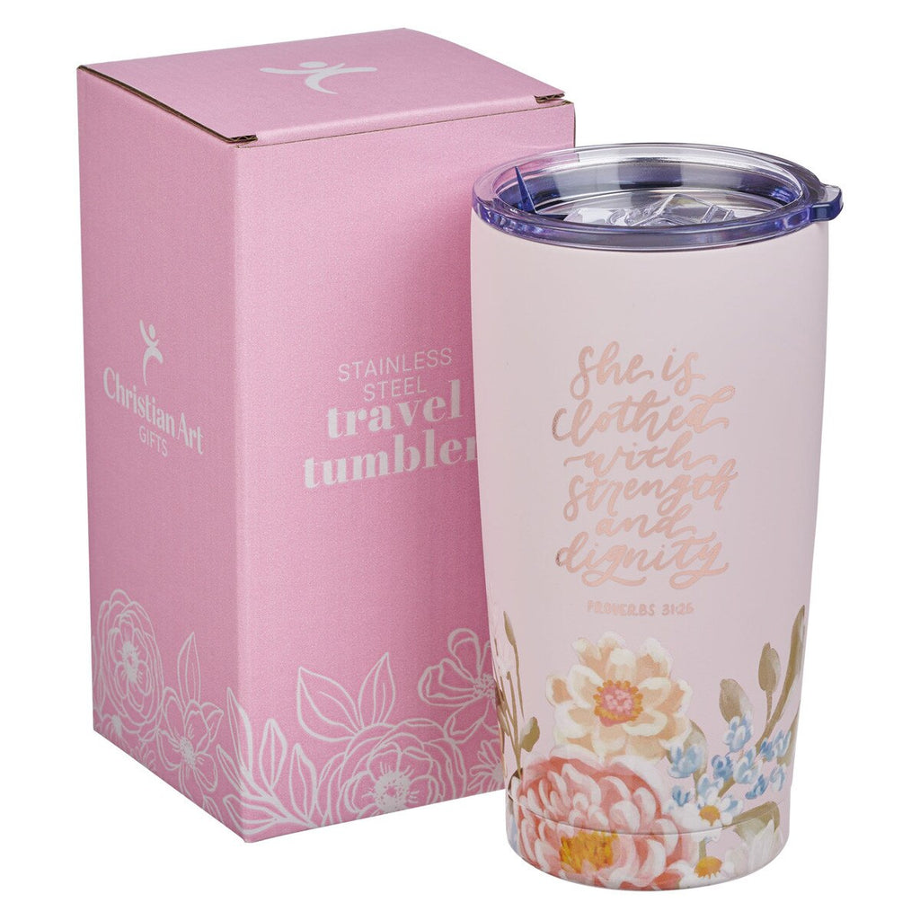 Floral-themed stainless steel travel tumbler with pink packaging