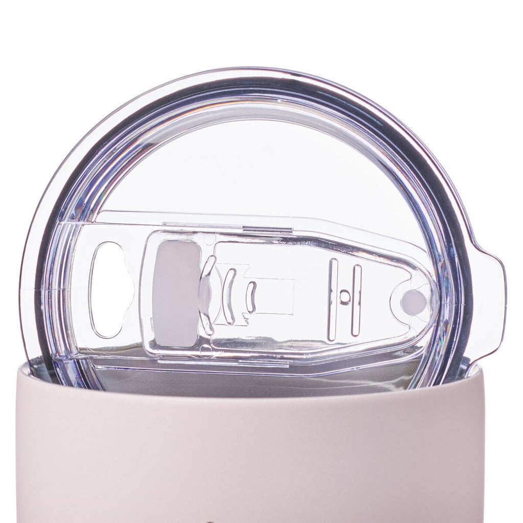 Close-up of a white container with a clear lid on a white background