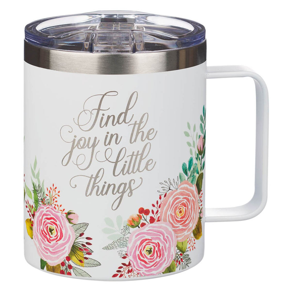 White mug with floral design and motivational quote on a white background