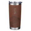 Brown insulated tumbler with mountain design and 'FAITH' text on a white background