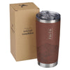 Brown stainless steel travel tumbler with 'FAITH' and mountain design next to its cardboard box.