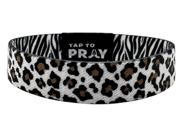 Leopard print headband with zebra pattern and 'Tap to Pray' text on a white background