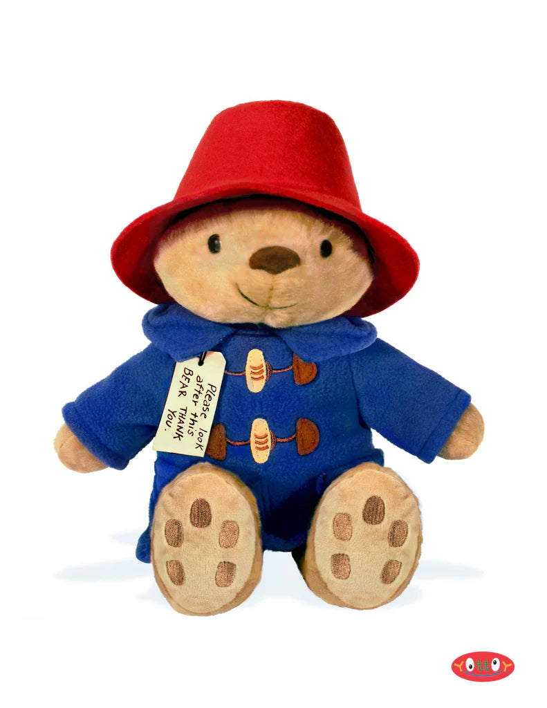 Stuffed toy bear in a red hat and blue coat with a white background