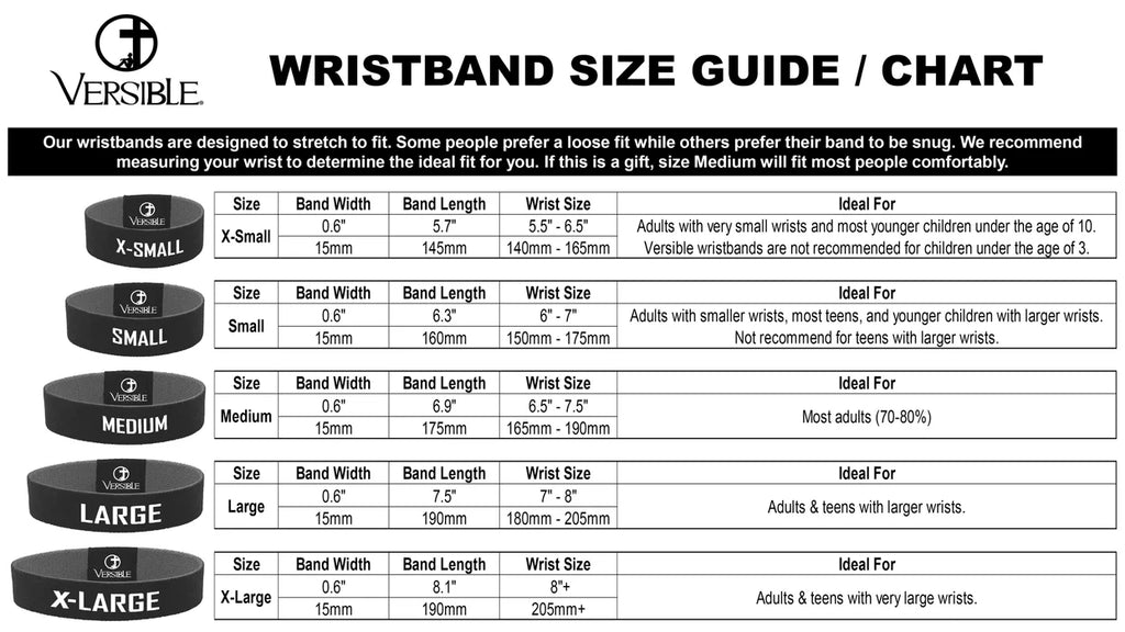 Versible wristband size guide chart with band width, length, and wrist size measurements.