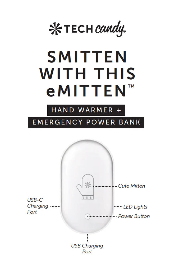 Hand warmer and emergency power bank with features labeled on a white background