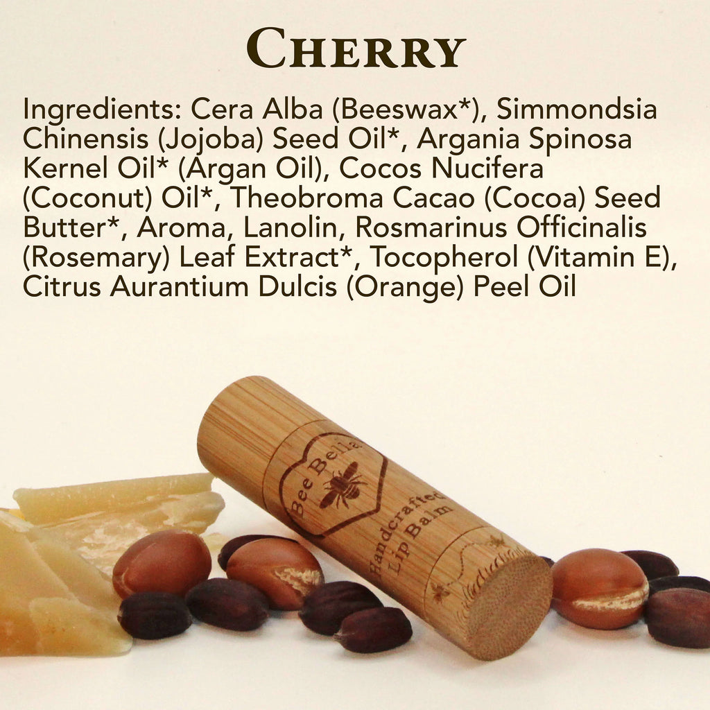 Bamboo tube with cherry ingredients listed on a beige background