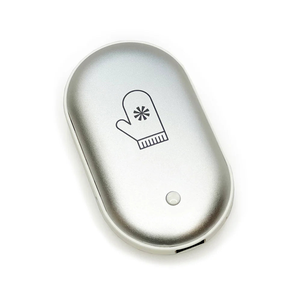 Silver handheld device with a mitten icon on a white background