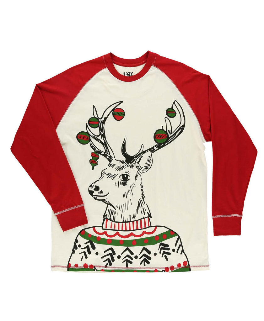Long-sleeve shirt with a reindeer design on a white background