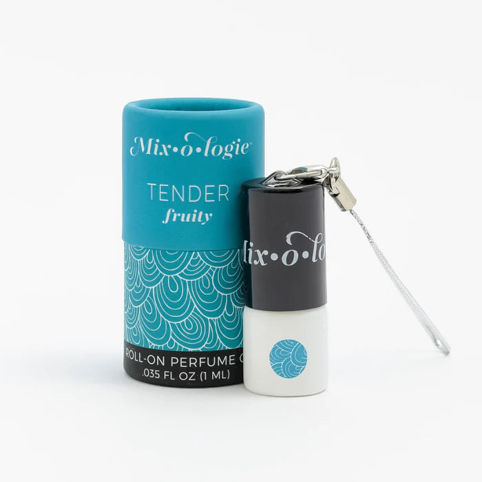 Roll-on perfume with blue packaging and white cap on a white background