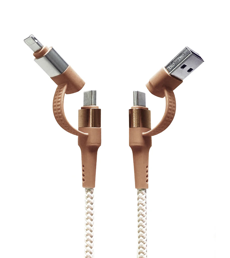 Three braided cables with different connectors on a white background