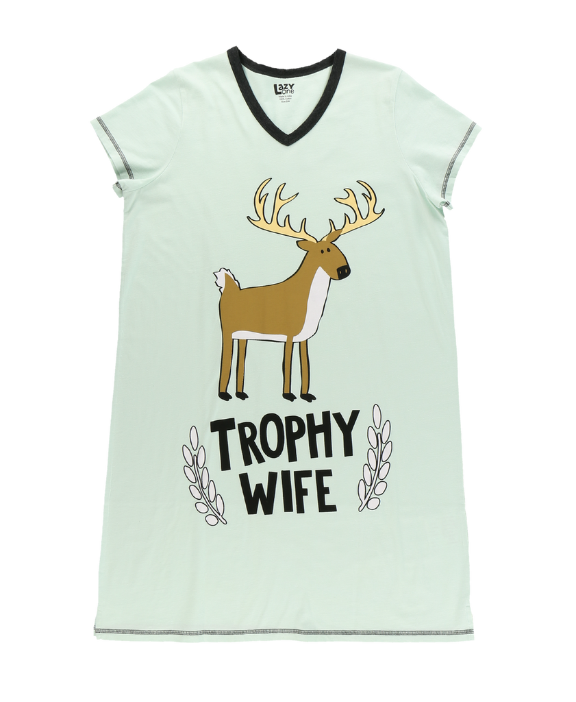 Light green t-shirt with a deer graphic and 'Trophy Wife' text on a white background