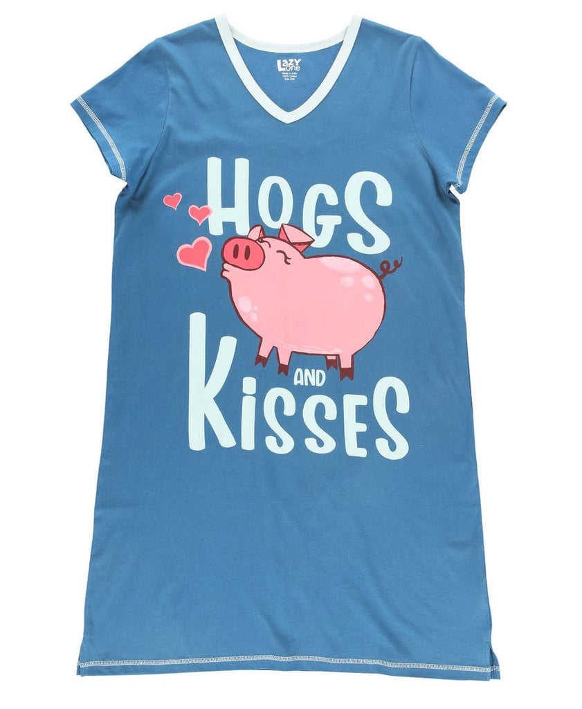 Blue nightshirt with a pink pig graphic and 'Hogs and Kisses' text on a white background