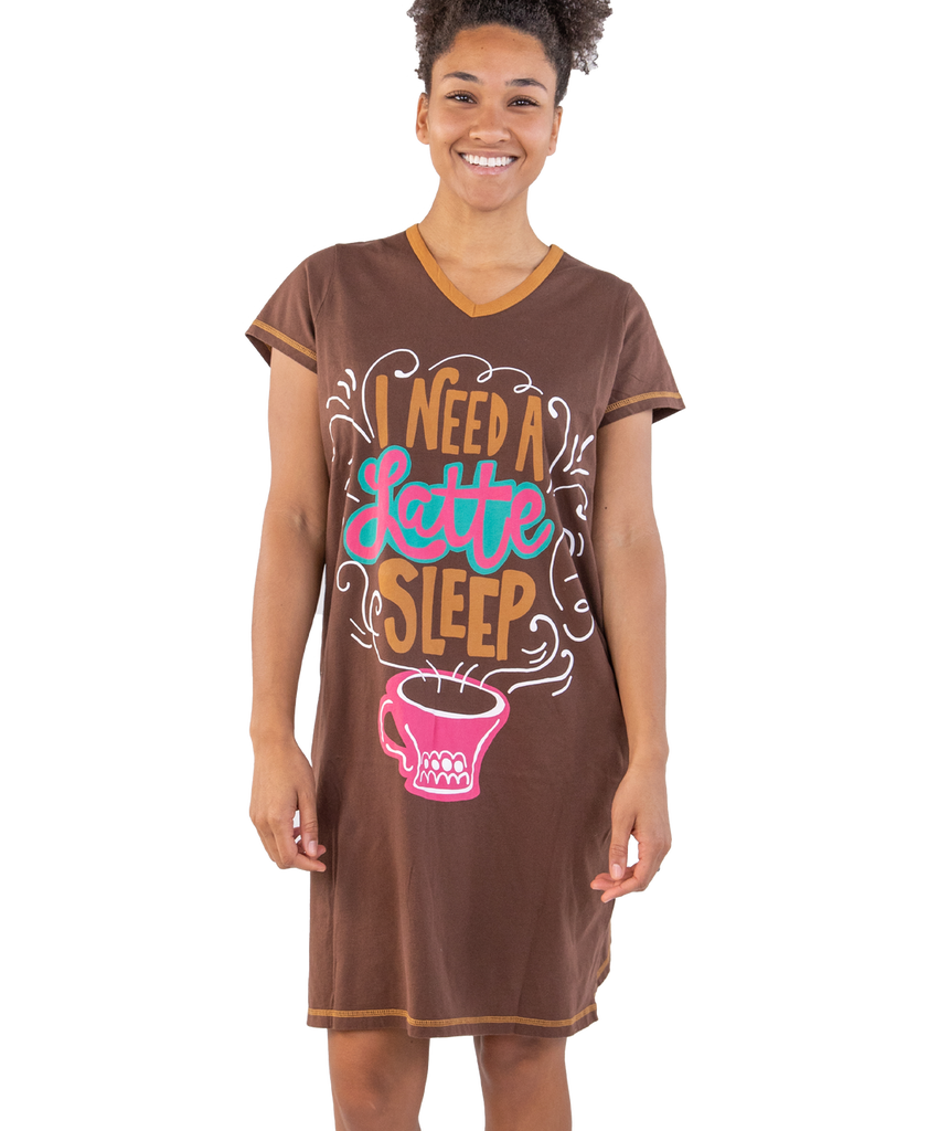 Woman wearing a brown nightshirt with 'I Need a Lette Sleep' text and coffee cup graphic.