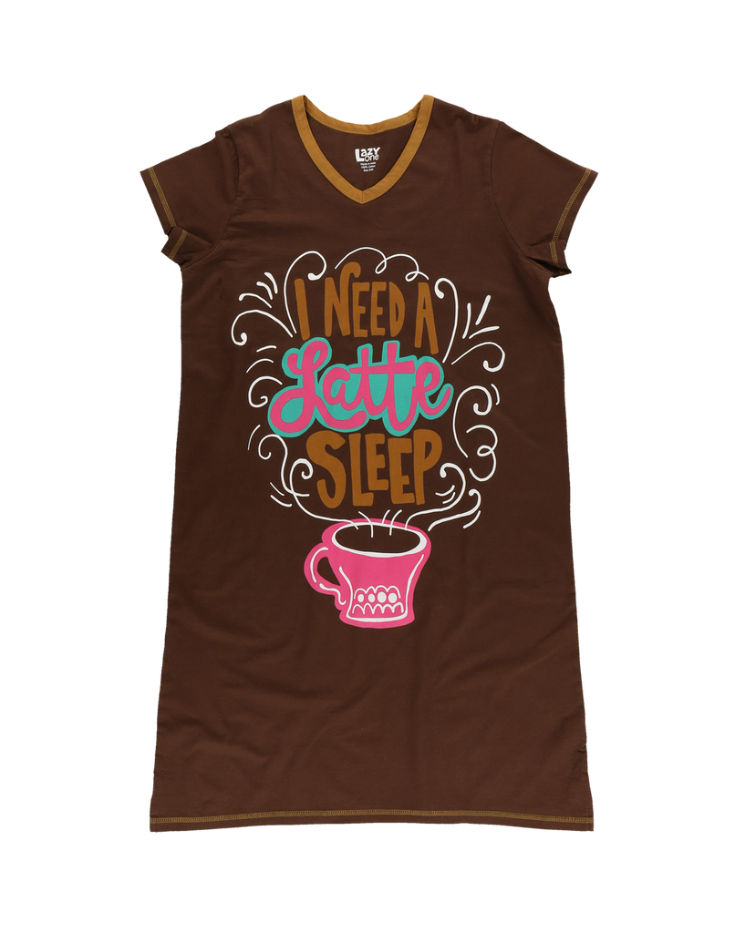 Brown nightshirt with 'I Need a Latte Sleep' text and coffee cup graphic on a white background