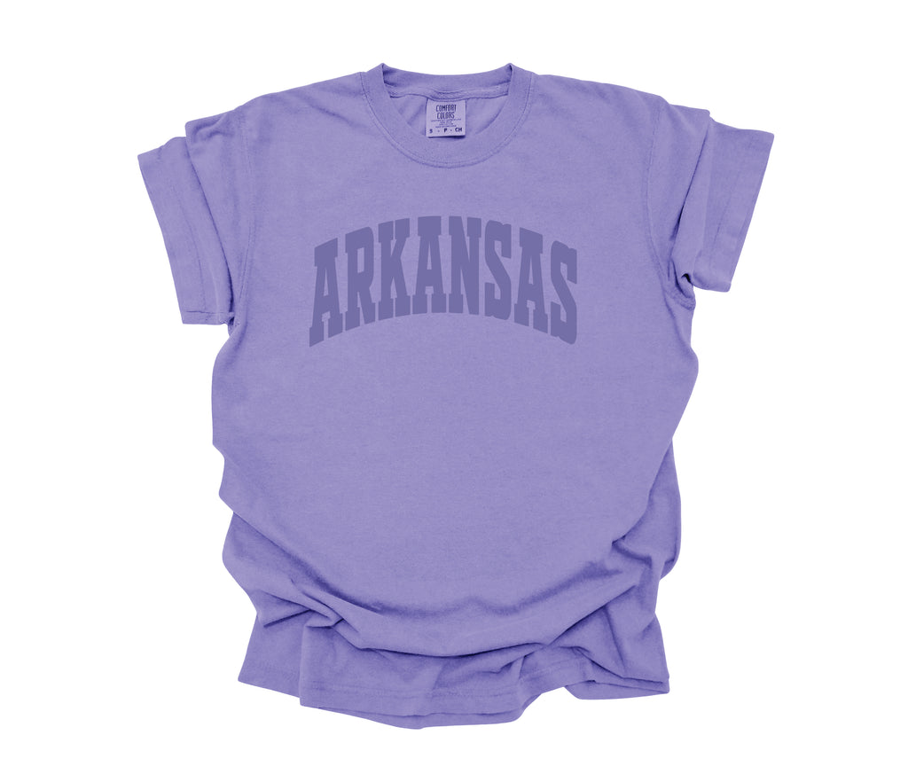 violet Arkansas t-shirt on a white background