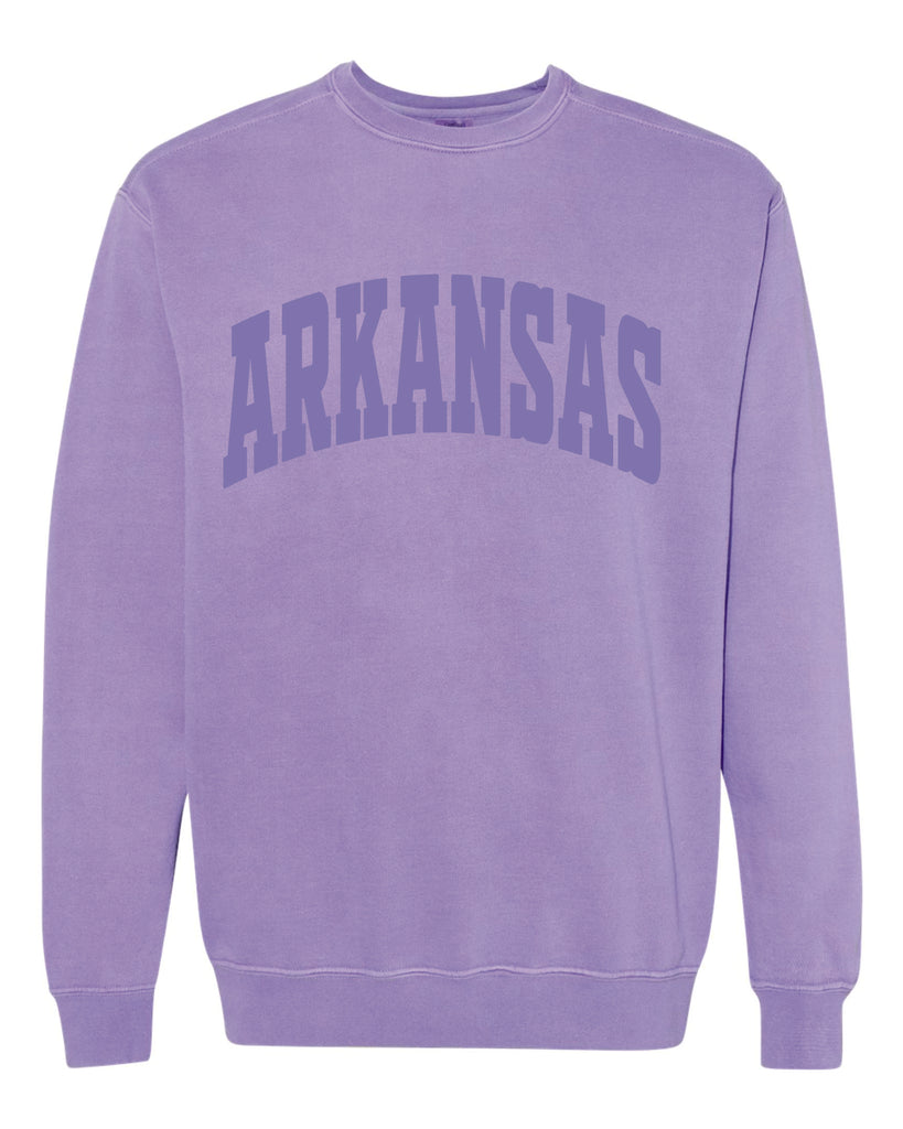violet Arkansas crewneck on a white background