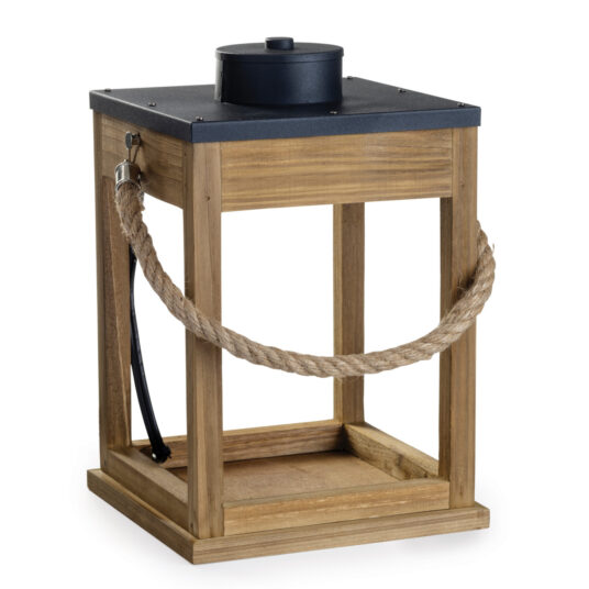 Wooden lantern with a black top on a white background