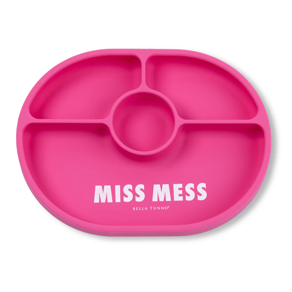 Pink silicone tray with divided sections and 'MISS MESS' text on a white background