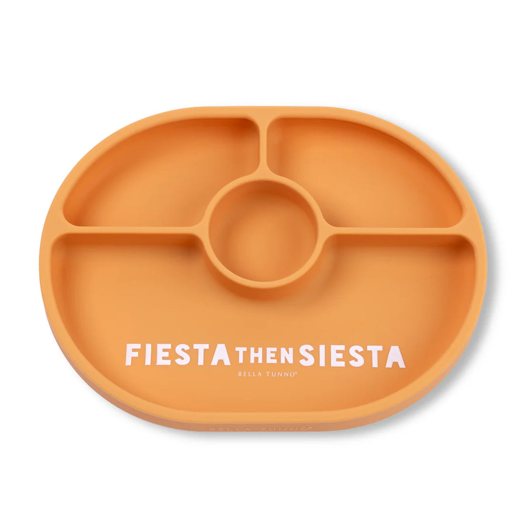 Orange silicone tray with divided sections and 'FIESTA THEN SIESTA' text on a white background