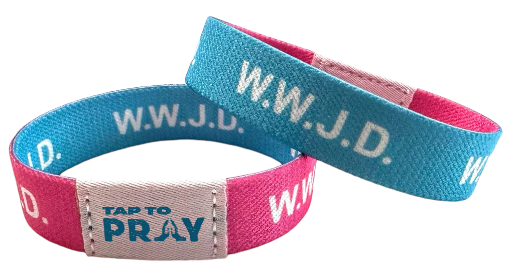 Two wristbands with 'W.W.J.D.' text on a white background