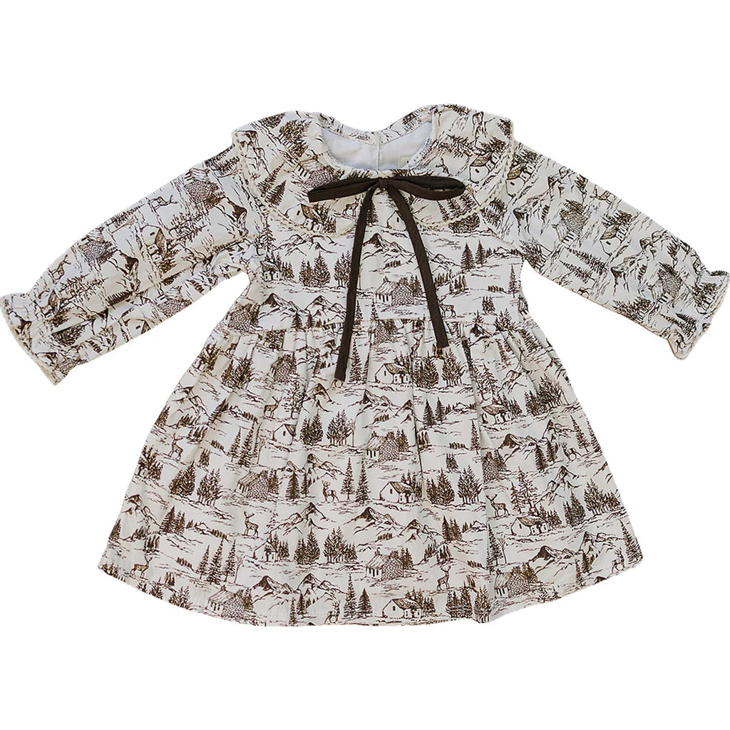 Children's dress with nature-themed print on a white background