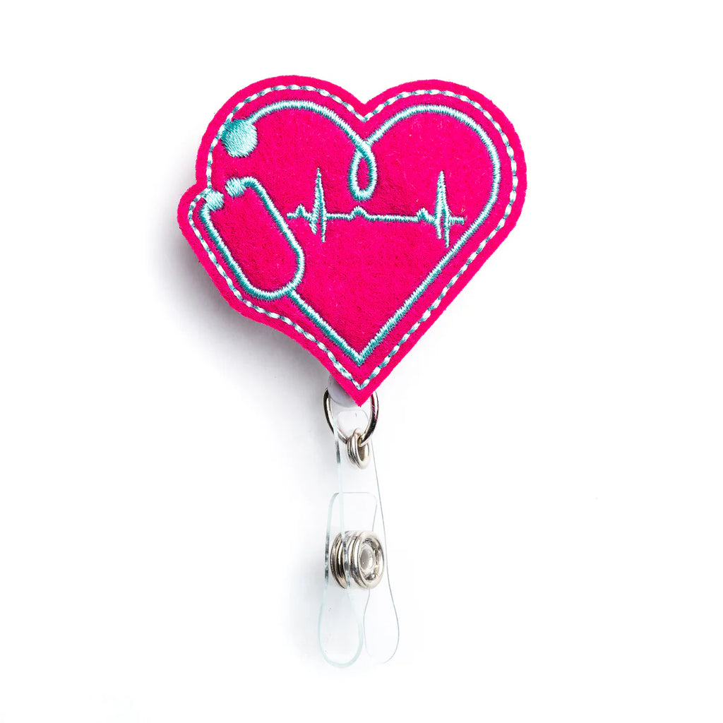 ekg heart badge reel holder on a white background