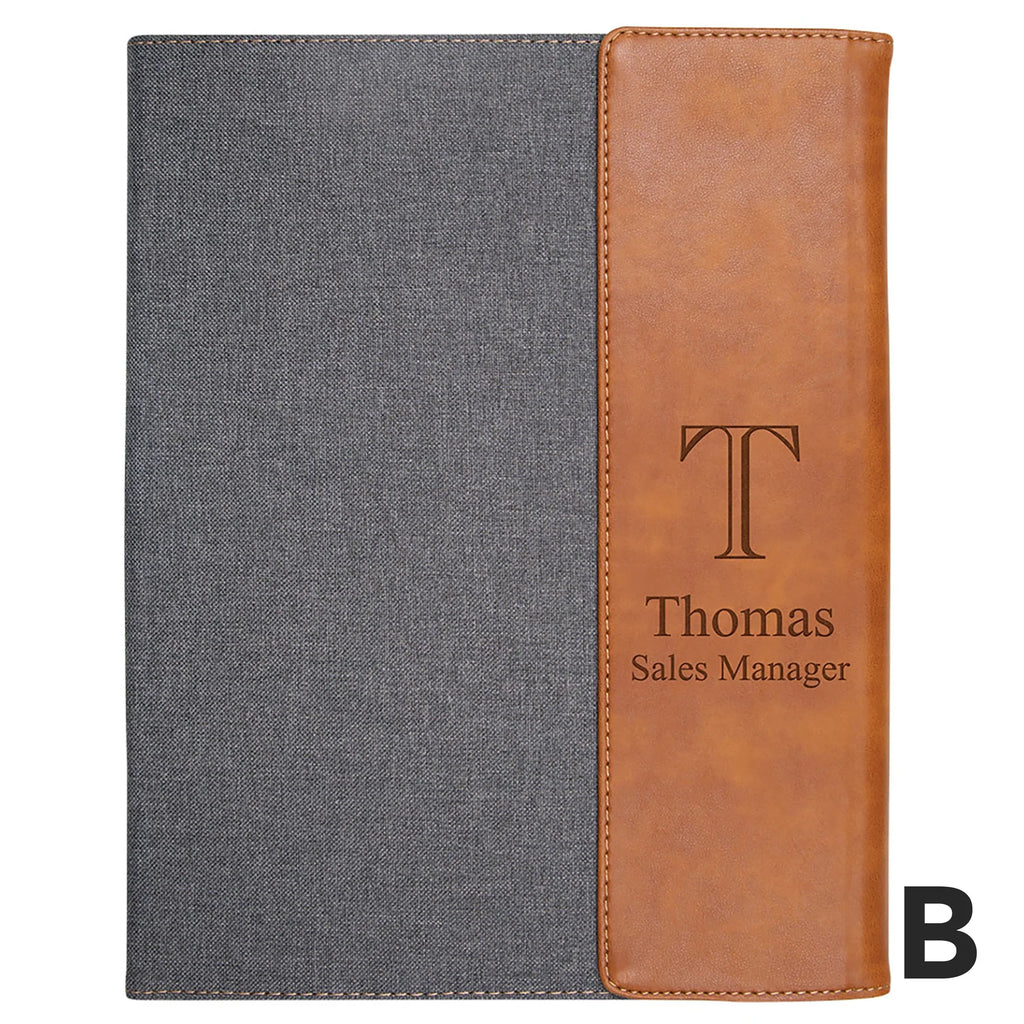 personalized gray and tan faux leather padfolio on a white background