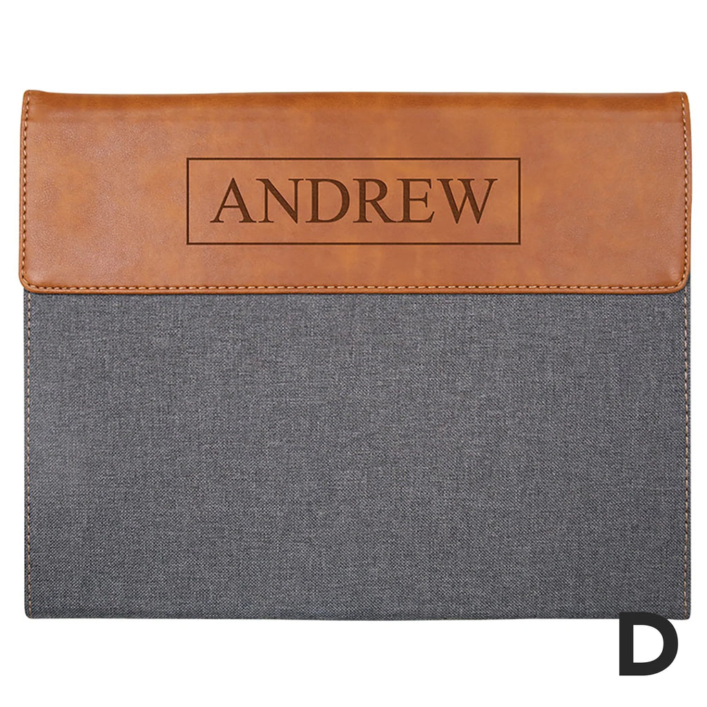personalized gray and tan faux leather padfolio on a white background
