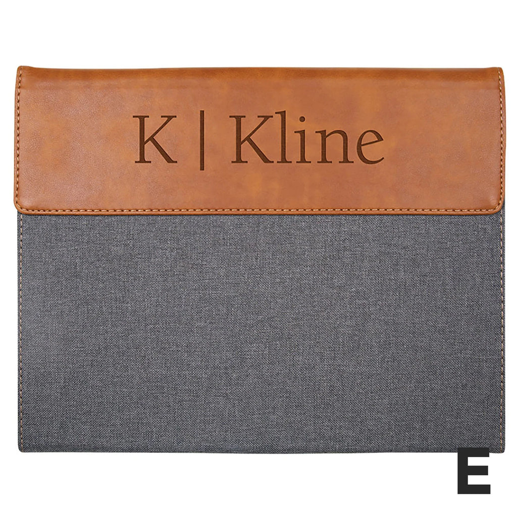 personalized gray and tan faux leather padfolio on a white background