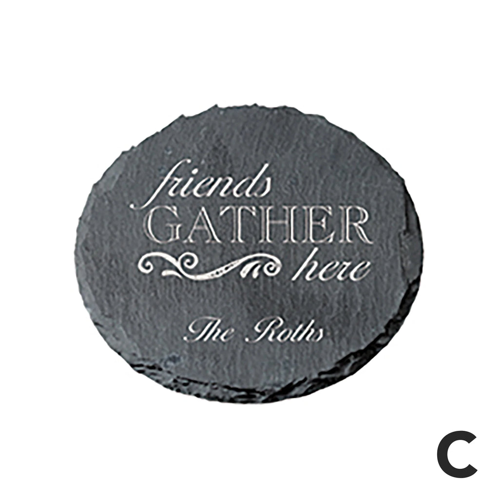 personalized circle slate coasters on a white background