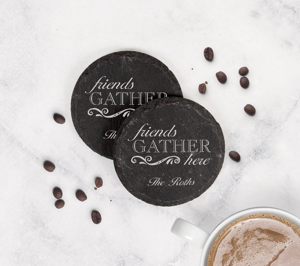personalized circle slate coasters on a white background