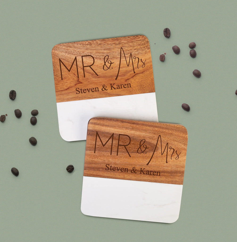 personalized faux marble coasters on a green background