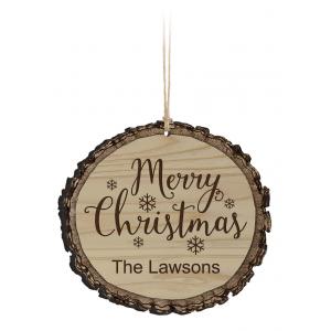 personalized faux sliced log ornament on a white background