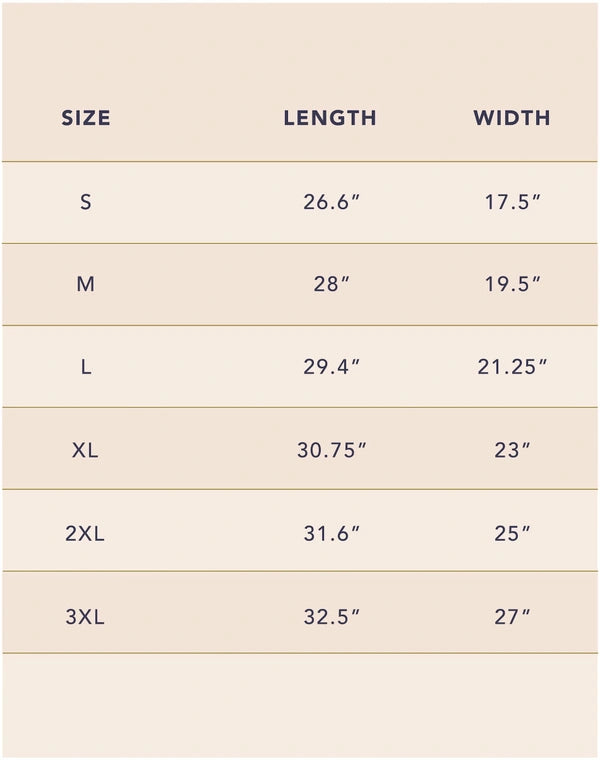Size chart for clothing with measurements in inches on a beige background