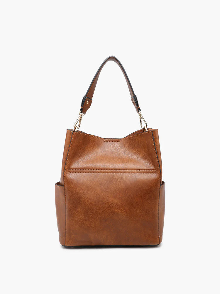 Jen and co's bucket bag in brown from the back on a white background