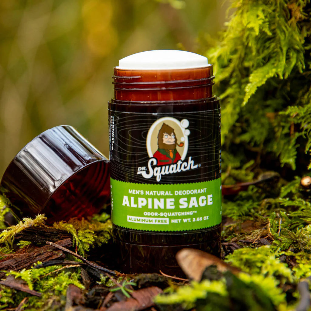Alpine Sage deodorant by dr squatch in the forest