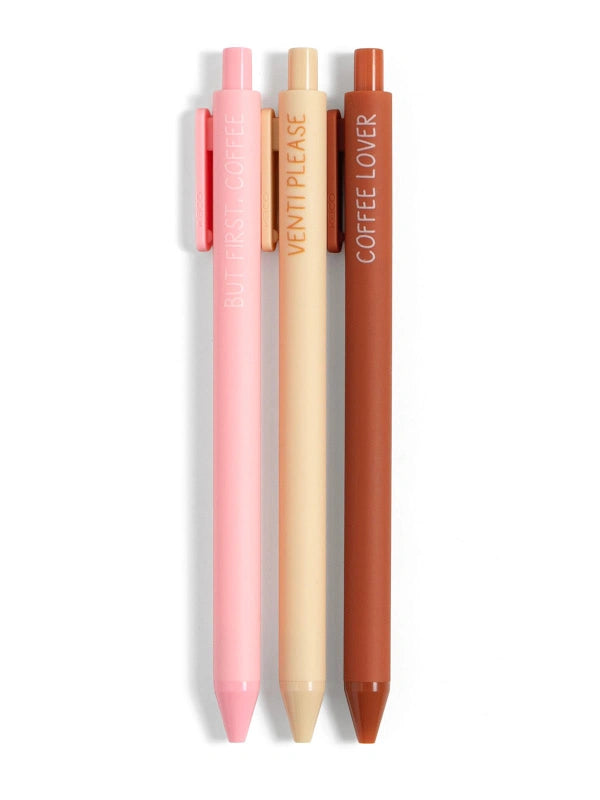 Three pens in pink, beige, and brown with text on a white background