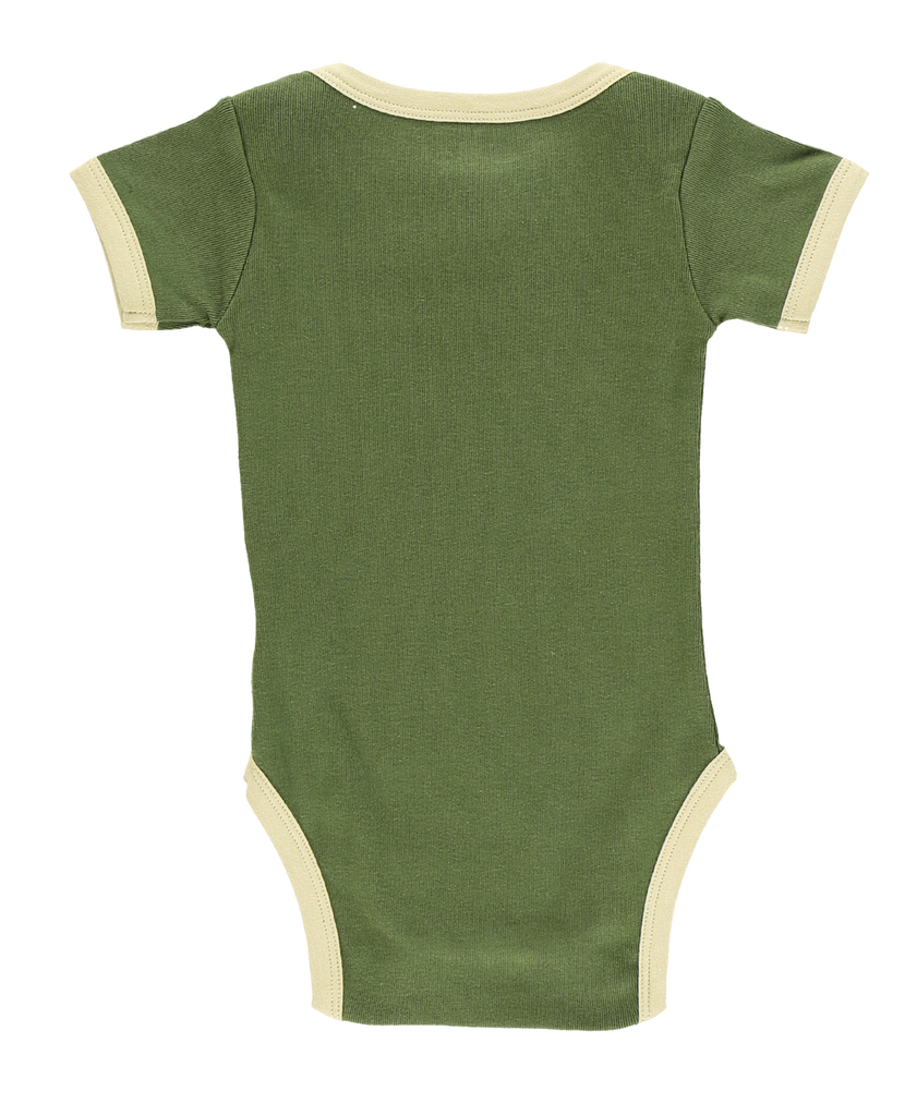 lazy one green baby squatch onesie on a white background