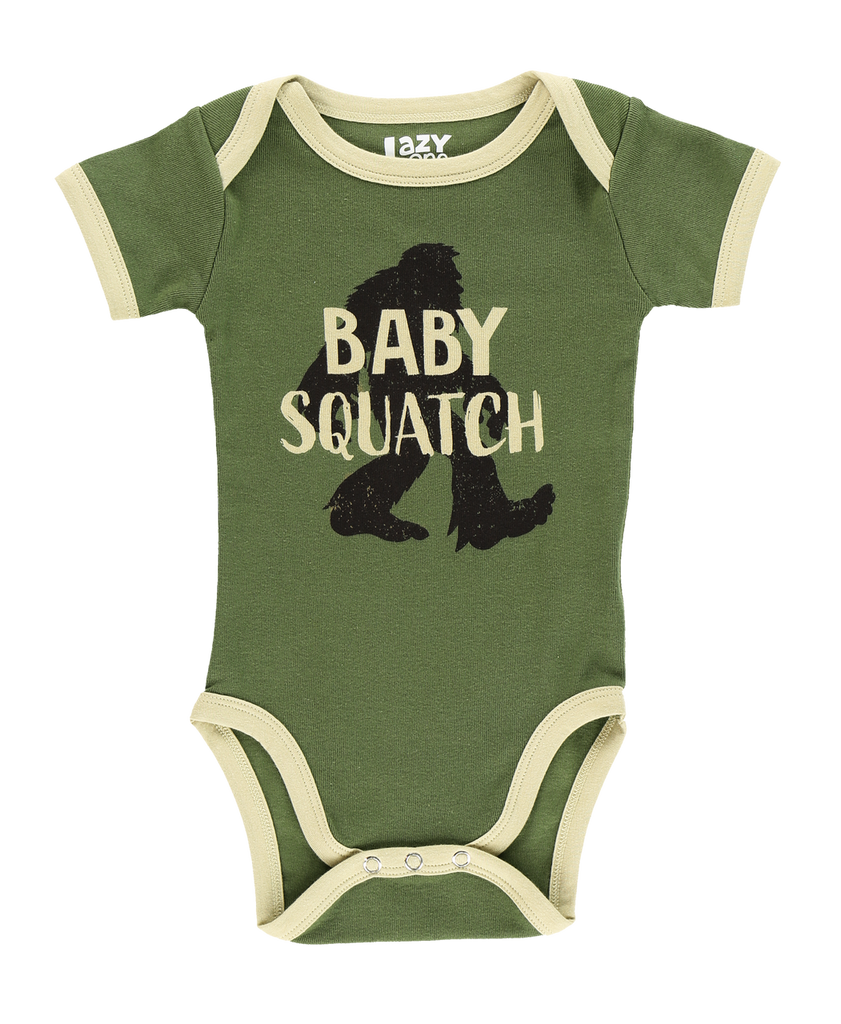 lazy one green baby squatch onesie on a white background