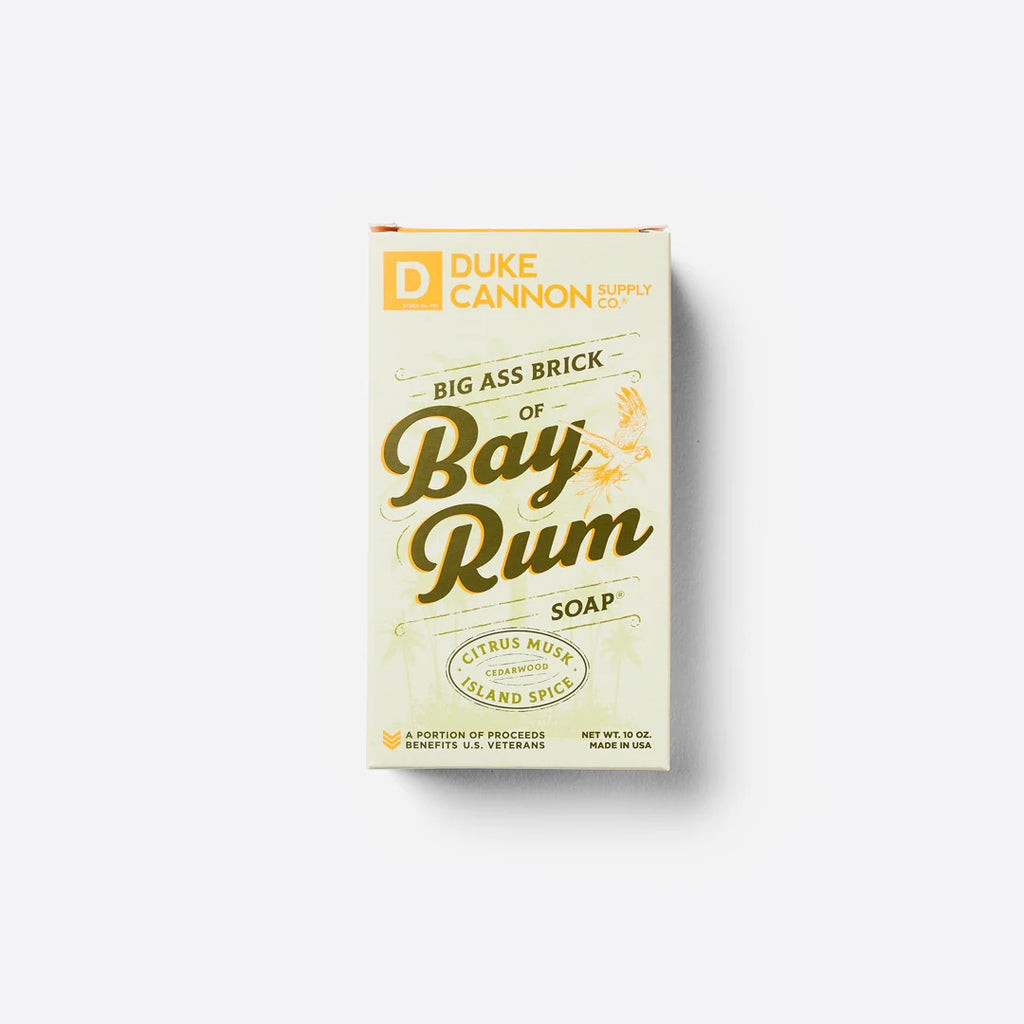 duke cannon bay rum soap on a white background