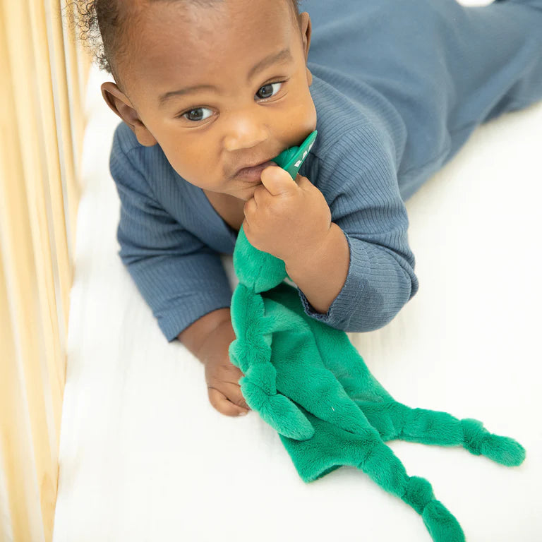 flat stuffed animal attached to a pacifier being used by a baby