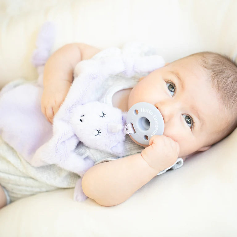 flat stuffed animal attached to a pacifier being used by a baby
