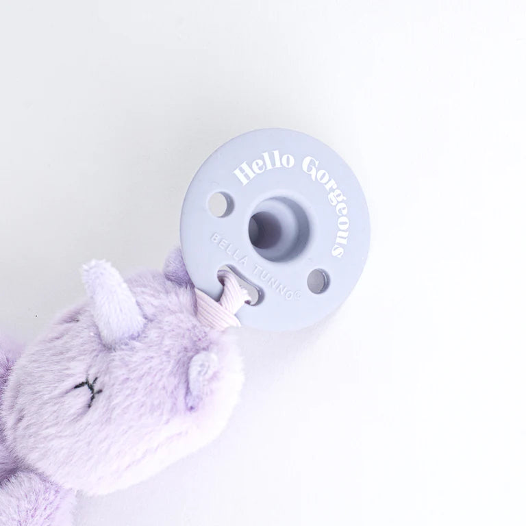 flat stuffed animal attached to a pacifier on a white background