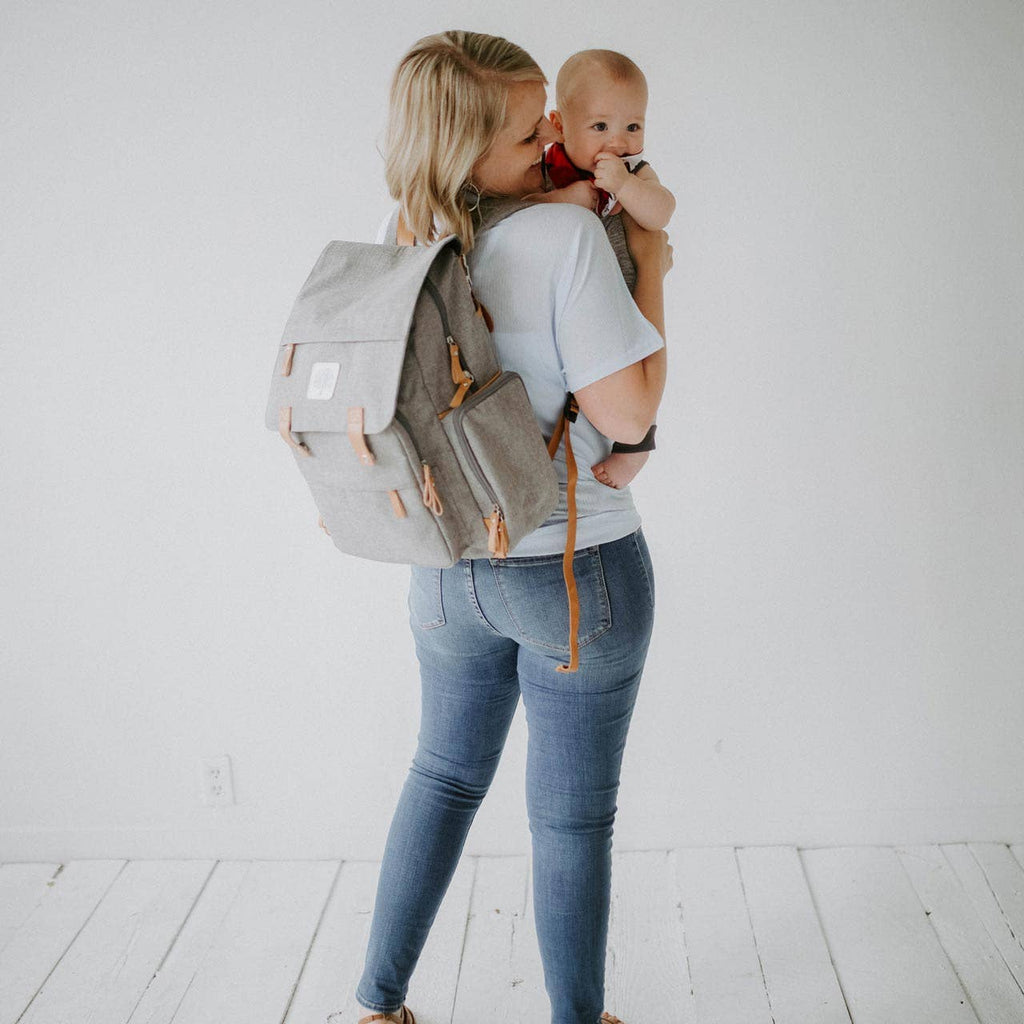 gray diaper bag on a white background