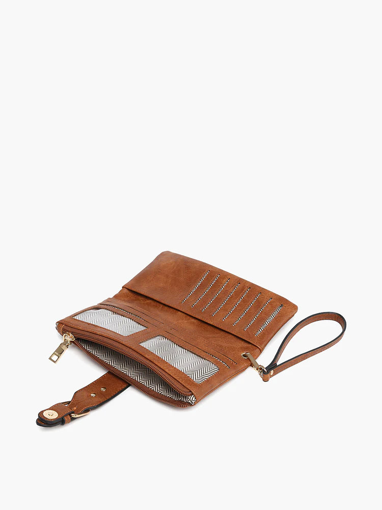 brown Jen and co wallet laid open on a white background