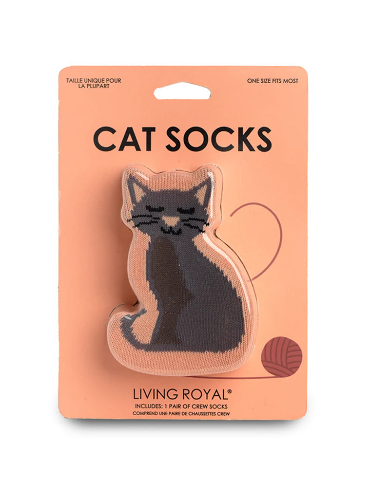 Package of cat socks with a cat illustration on a pink background
