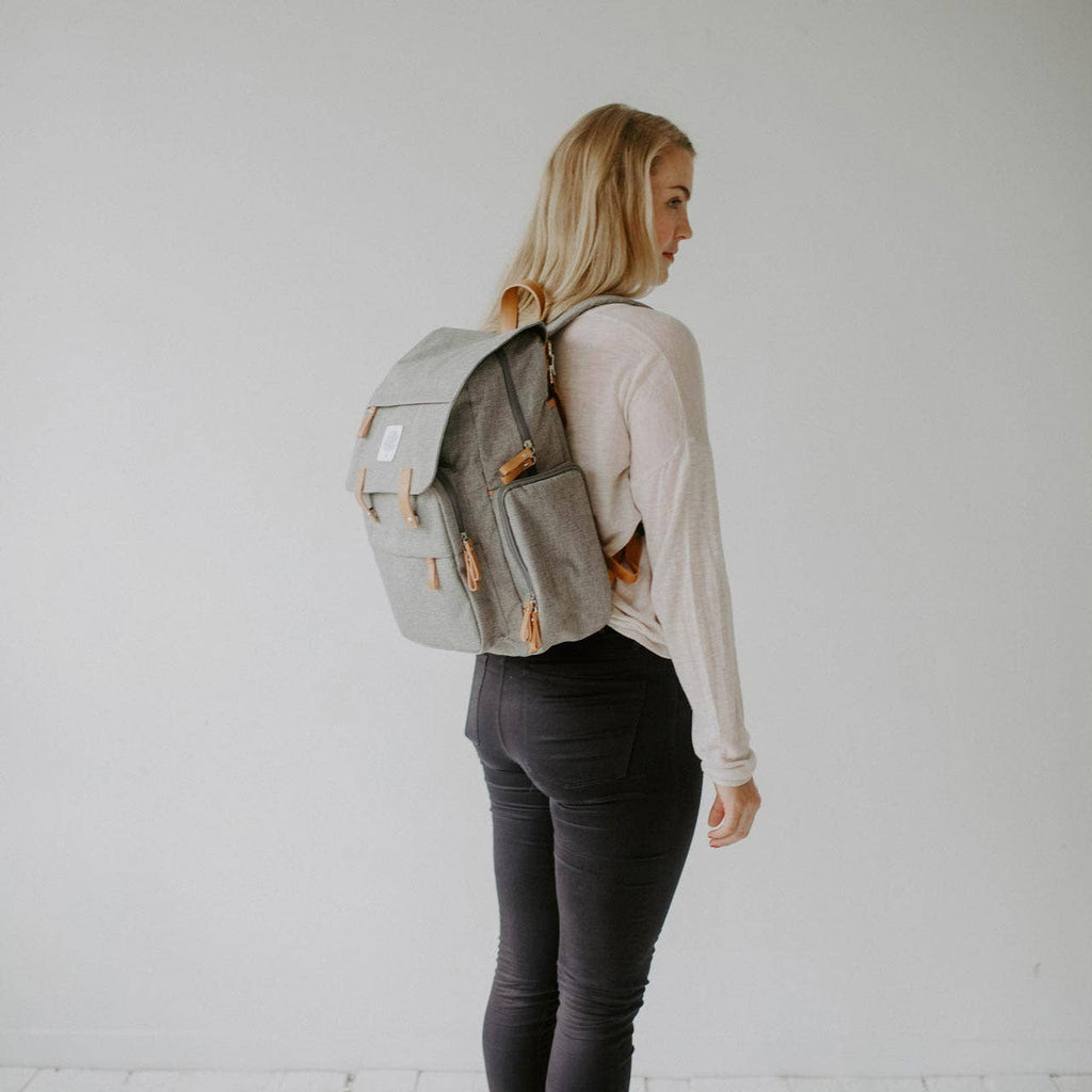 gray diaper bag on a white background