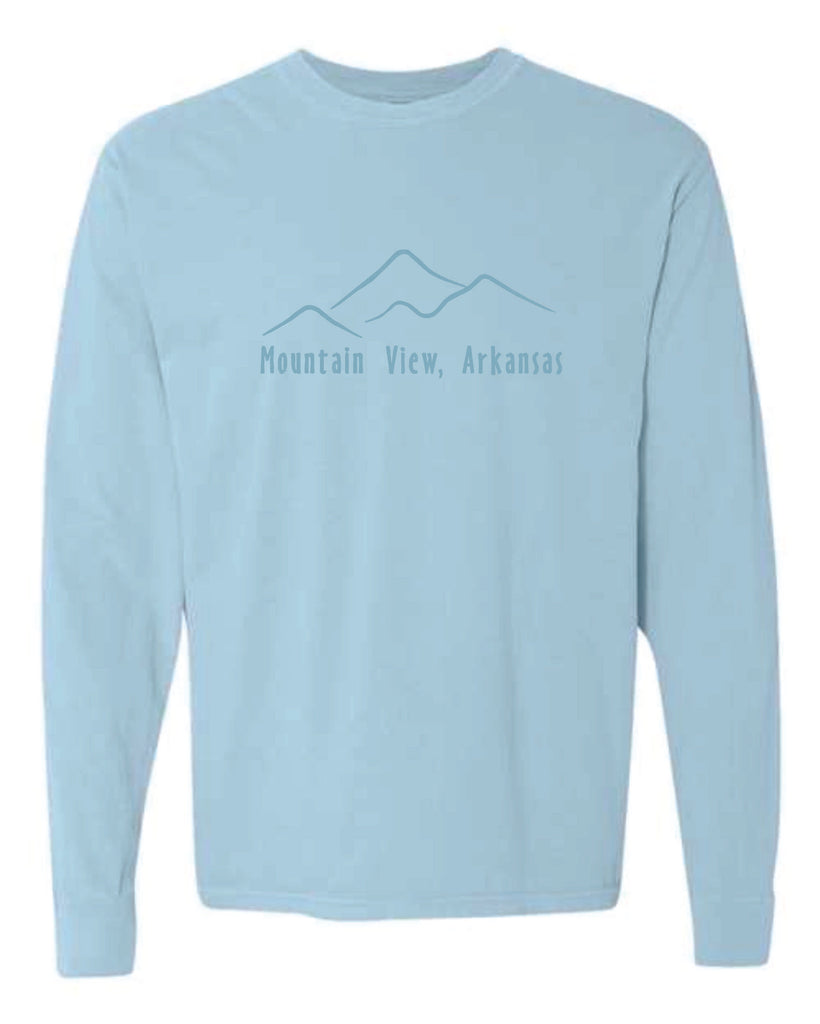 mountain scene embroidery long sleeve tee on a white background